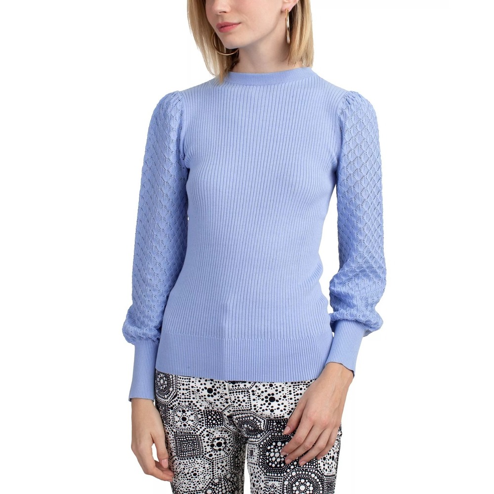 Trina Turk Tom Collins 2 Cotton Sweater Textured Sleeves‎ Blue Sz M NWT B8